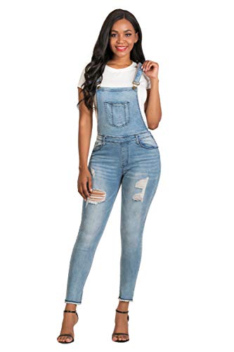 Sufl Women's Juniors Denim Stretch Overalls Ripped Distressed Jumpsuit Skinny Boyfriend Fit Bib Overalls Jeans Pants (S, Blue) #TOP13