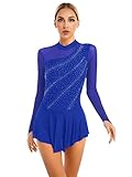 MSemis Vestido de Patinaje sobre Hielo para Mujer Maillot Competición Patinaje Artistico de Manga Larga con Pedrería Brillante Vestido de Gimnasia Rítmica Azul Real A S
