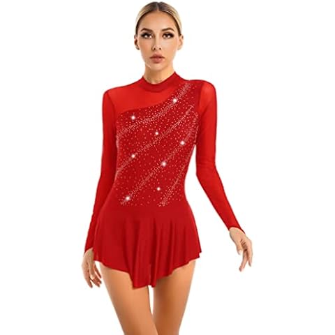 YiZYiF Womens Long Sleeve Gymnastic Ballet Dance Costume Shiny Rhinestone Figure Ice Skating Dress 10Red L Cover