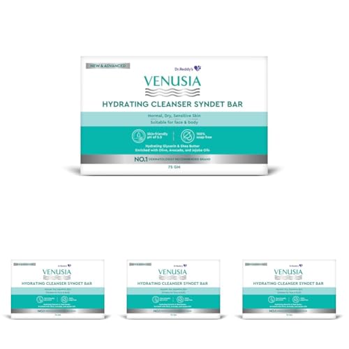 Image of Dr. Reddy's Venusia Hydrating Cleanser Syndet Bar | 100% soap-free, pH 5.5, Non-irritating, Hypoallergenic, PAMA-free | Enriched with Hydrating Glycerin, Shea Butter, Olive Oil, Avocado Oil & Jojoba Oil - 75g
