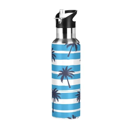 Waassud Navy Palm Tree Water Bottle Insulated Stainless Steel Water Bottles with Straw Sports Water Bottle for Bike Travel 22 oz