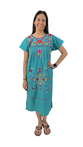 Mexican Dress Puebla Hand Embroidered (Teal Green, Medium)