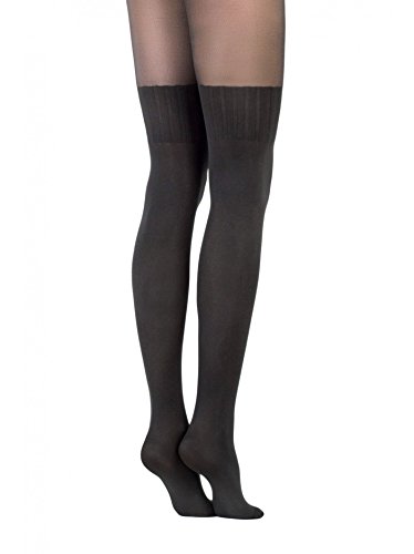 Image of Conte Women's Black (Nero) Opaque Pantyhose Tights with Stockings Imitation Pattern and Sheer Top Erica