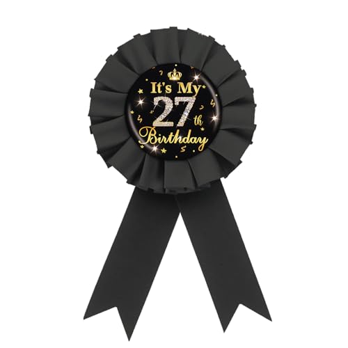 Image of It's My 27th Birthday Tinplate Badge Pin, Gold Diamond Happy 27th Birthday Button Pin, 27 & Fabulous Birthday Black Rosette Award Ribbon Pin for Women, Brooch Buttons for Twenty Seven Years Old