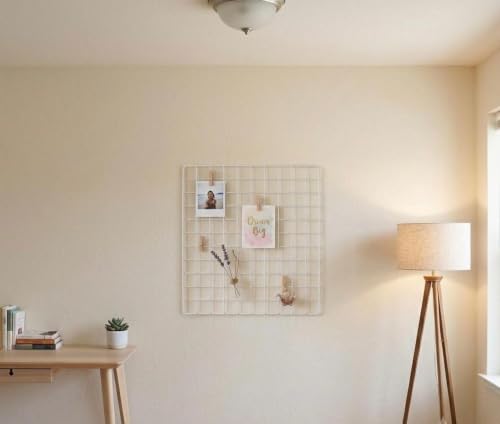 Image of Metal Wire Grid Photo Display Frame for Wall | 30 x 30 CM White Iron Mesh Memo Board | Wall Mounted Picture Organizer for Photos, Notes, Postcards, Artwork, Bedroom, Office & Home Decor