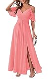 Vestido de DAMA de Honor de gasa con hombros descubiertos para Mujer, Cuello en V, Vestido Formal Largo con abertura US26 Plus Coral