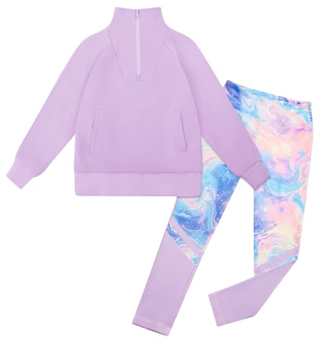 GRACE KARIN Kids 2 Piece Set Back to School Outfits for Girls Long Sleeve Sweatshirt Sweatpants Light Purple 10-11 Years