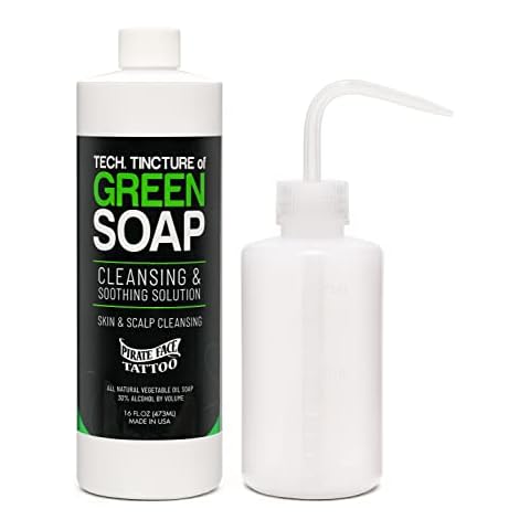 Pirate Face Tattoo Technical Tincture of Green Soap 1 Pint (16 Fl Oz) + 8oz Squeeze Wash Bottle Cover