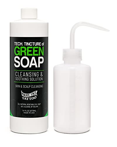 Pirate Face Tattoo Technical Tincture of Green Soap 1 Pint (16 Fl Oz) + 8oz Squeeze Wash Bottle