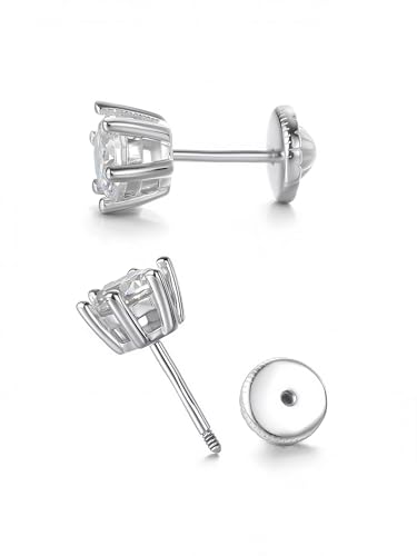 Pendientes de plata de ley 925 con cierre de rosca, baño en oro o plata | Zirconia cúbica 3-7mm | Para mujer, hombre y niña | Idea de regalo con caja (Plateado, 6mm)