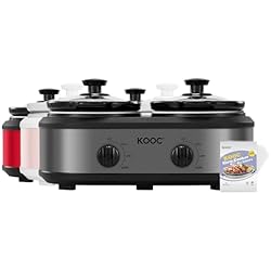KOOC Double Small Slow Cooker, Buffet Server and Warmer, 2 Mini Pots with 3 Individual Adjustable Temp, Dual Ceramic Pots, Free Liners for Easy Clean-up, Stainless Steel, Total 2.5 Quart, Grey, Round