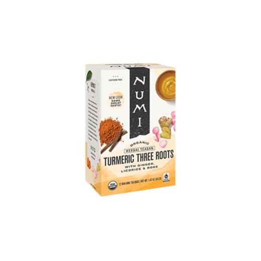 Numi Tea | Kurkuma drei Wurzeln | Kurkuma-, Süßholz- und Ingwer-Infusion | Bio Ingwer & Rosentee - 18 Teebeutel (54 Gr) | Ohne Koffein und Gewürze angereichert