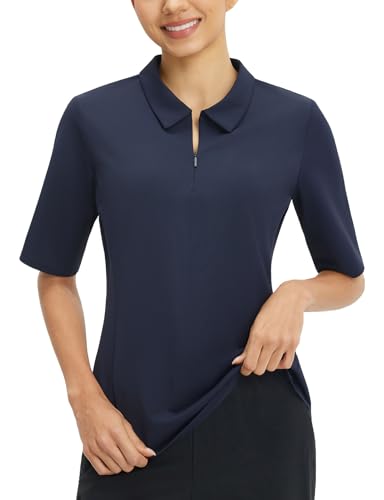Image of baleaf Womens Golf Shirt Quick Dry Half Sleeve Quarter Zip Polo Workout Tennis Shirts Navy Blue M