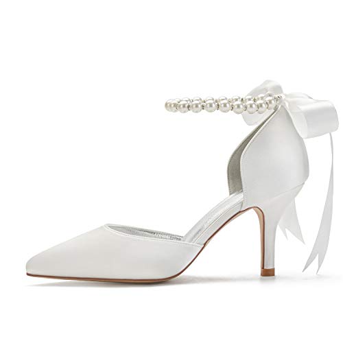 Women Wedding Shoes for Bride High Heels Bridal Shoes Pointed Toe Ribbon Tie Pearl Satin Prom Party Dress Pumps Sandals3