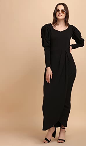 Image of Sheetal Associates Women's Puff Sleeve Wrap Bodycon Casual Maxi Dress Black