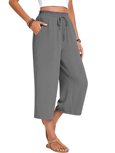 Womens Capri Pants Wide Leg High Waisted Lounge Pants Drawstring Casual Loose Palazzo Pants Trousers with Pockets2