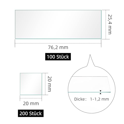 100 Stück Vorgereinigte Mikroskop Objektträger 76,2x25,4mm & 200 Deckgläser 20x20mm, Mikroskop Zubehör für Labor, Biologie & Wissenschaft, Klarglas mit Glänzend Kanten für Präzise Analyse