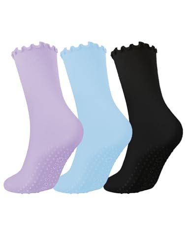 AURUZA Womens Pilates Socks with Grips Non-slip Ruffle Grippy Yoga Socks Ballet Barre Cute Turn-Cuff Crew Socks Lace Slipper Socks Womens Grip Socks