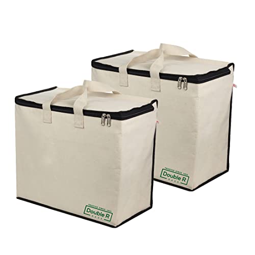 Image of DOUBLE R BAGS Multipurpose Clothes & Grocery Storage Organizer with Reinforced Cotton Handles, Zip Cover & 1 Compartment - Heavy Duty Canvas Bags (Black, 43x27.9x43 cm, Pack of 2)