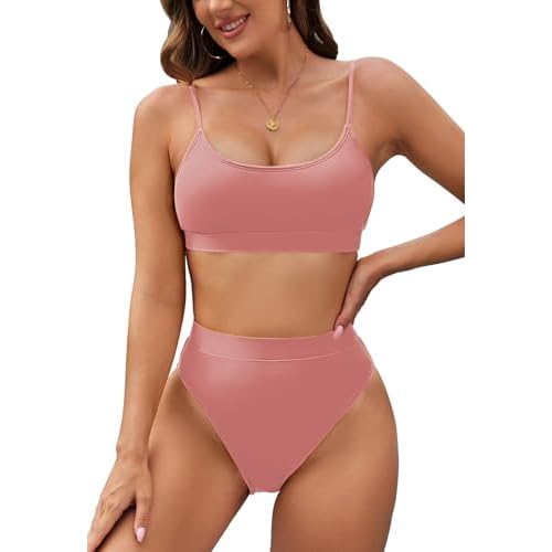 Pink Queen Plus Size High Waisted Bikini Set for Women Two Piece Cheeky High Cut Swimsuit Bathing Suit White M Small 01 - Pink Nude