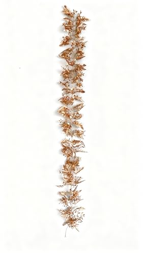 Image of Artificial Garland 6ft/1.8m with Faux Leaves and hanging rings Gold, Silver, Champagne Festive Holiday Christmas Tree Décor, Fireplace, Door, Windows (Gold, Persian Leaf)