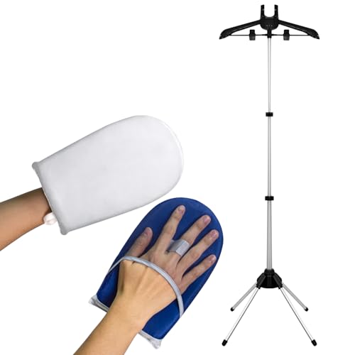 Image of Clothes Steamer Stand Hanger with Steamer Ironing Glove for Steaming Clothes, Handheld Garment Steamer Rack with Grey Mini Handhelded Ironing Pad Board