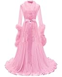 Molisa Chiffon Bridal Robe Long Fur Feather Robe Wedding Scarf Lingerie Bathrobe Nightgown Dressing Gown Sleepwear Pink M