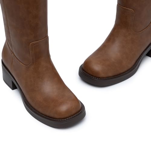 Athlefit Brown Knee High Boots for Women Chunky Heel Wide Calf Tall Boots Square Toe Pull On Platform Casual Fall Booties Size 6.54