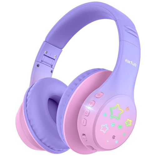 EarFun Kids Headphones Bluetooth, Kids Wireless Headphones with LED Lights Bluetooth5.4 with Safe Volume 74/85/94dBA with Mics, 90H Playtime, Hi-Fi Stereo Sound for Tablet Travel, Pink