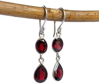 Garnet Earring Natural Red Garnet Dual Gemstone 925 Sterling Silver Oval & Pear Shape January Birthstone Drop & Dangle Handmade Earrings Gift For women Jewelry