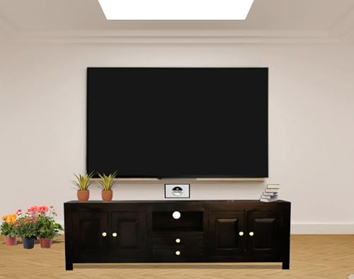 Image of Sheesham Wood TV Stand and Shelf Storage Entertainment Unit Center Console TV Table Wooden Tv Cabinet for Living Room Home (Dark Walnut)