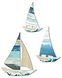 Putuo Decor 3 Pcs Vintage Sailboat Wall Art Set, Coastal Ocean Theme Decor with Rustic Metal Hooks, Farmhouse Bathroom Decorations for Nursery Beachy Room
