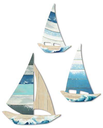 Putuo Decor 3 Pcs Vintage Sailboat Wall Art Set, Coastal Ocean Theme Decor with Rustic Metal Hooks, Farmhouse Bathroom Decorations for Nursery Beachy Room