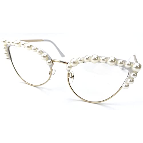 Image of Cat Eye Pearl Blue Light Blocking Glasses for Women Oversize Fashion Diamond bling bling Eyewear