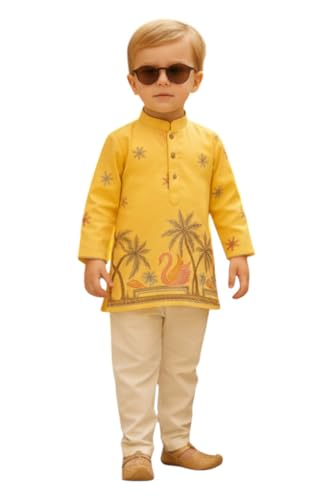 Simple and Stylish Outfit Ideas for Ganesh Pandal 2025 3 Uchchitha Designs Kids Traditional Kurta Set with Gold Palm Tree ...