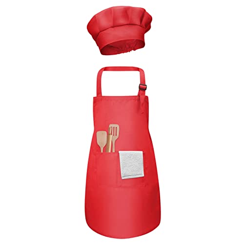 Rouge Tablier Enfants et Chapeau de Chef Set, Tabliers de Cuisine Bambin avec 2 Poches, Réglable Tablier pour Garçon Fille 3-12 Ans, Tablier de Peinture Enfant pour Cuisson École, Upgraded(Rouge)