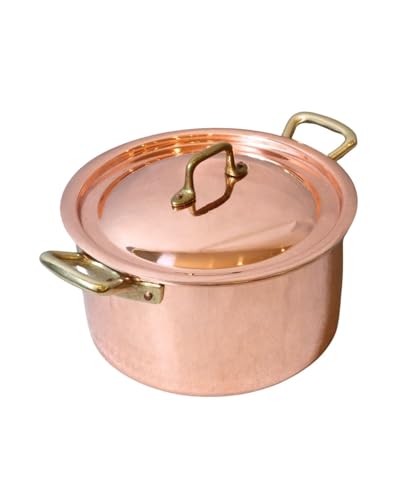 CREARTISTIC Made in Italy Verzinntes Kupfer Kochtopf mit Deckel - 18x10.5 cm, 1.2L, Topf für Ragu und andere Soßen, mit 2 Handschellen aus Messing, handgemacht