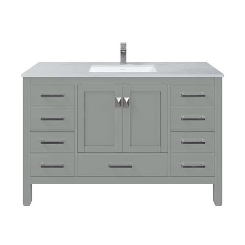 Eviva London 54 Inch Bathroom Vanity White Vanity Bathroom Sink Cabinet W/Quartz Countertop Porcelain Single Sink Design for Modern Bathrooms