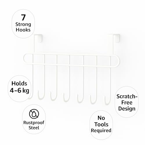 Image of Kundi Multi-Functional Over-the-Door Hook Hanger Rack - Heavy-Duty Steel Wall Hook Organizer with 7 Hooks for Clothes, Towels, Kitchen & Bathroom