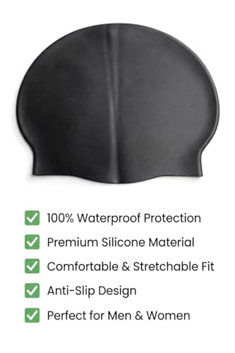 Image of TRAIS Premium Silicone Swimming Cap for Men & Women | Waterproof Stretch Swim Cap for Long & Short Hair | Anti-Slip Comfortable Fit | Black