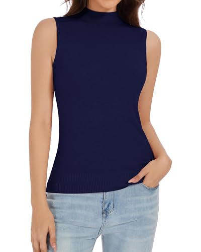 Image of Sleeveless Mock Neck Knit Tops for Women Slim Fit Turtleneck Sweater Vest Business Work Tank Pullover