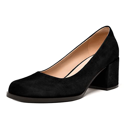 FEMSTEP Womens Suede Leather Dating Square Toe Slip On Cute Chunky Low Heel Pumps Shoes 2.2 Inch