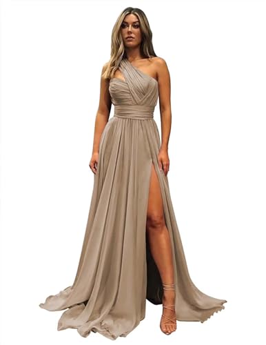 One Shoulder Chiffon Bridesmaid Dresses for Women with Pockets Long Ruched Formal Evening Dress with Slit