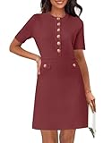 MEROKEETY Women's Knit Bodycon Sweater Dress Button Short Sleeve Crew Neck Elegant Formal Mini Dress, Wine, Small