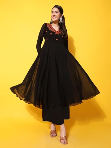 Image of Poshak Hub Women Green Ethnic Motifs Aari Work Georgette Anarkali Kurta
