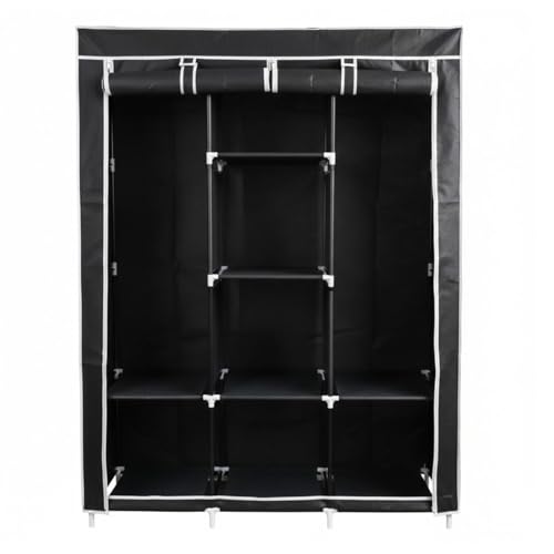 DASCK Armario Ropero de Tela Desmontable, 128 x 45 x 170 cm, con Barra Colgadora y Baldas, Negro o Marrón (Negro)