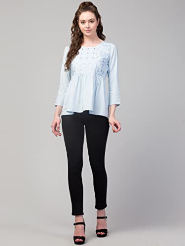 Image of FIMS - Fashion is my style Women Cotton Pleated & Gathered Embroidery Stone Full Sleeves Top Regular Fit Round Neck Tops for Girls