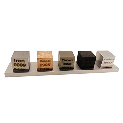 Image of Element 10mm Cube Set 5 PCS - Titanium Copper Aluminum Iron Carbon - with Display (95.0-99.95 Purity Ti Cu Al Fe C)