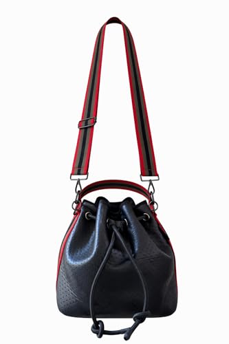 Image of Dallas Hill Mini Crossbody Handbag for Women, Black Crossbody Purse with Red & Silver Stripe,Adjustable Shoulder Strap