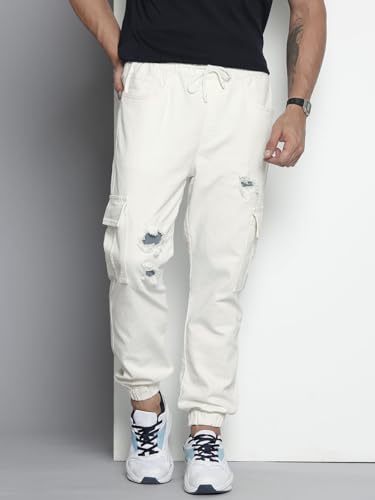 Image of The Indian Garage Co Men Regular Fit Solid Mid-Rise Stretchable Denim Cargo Joggers